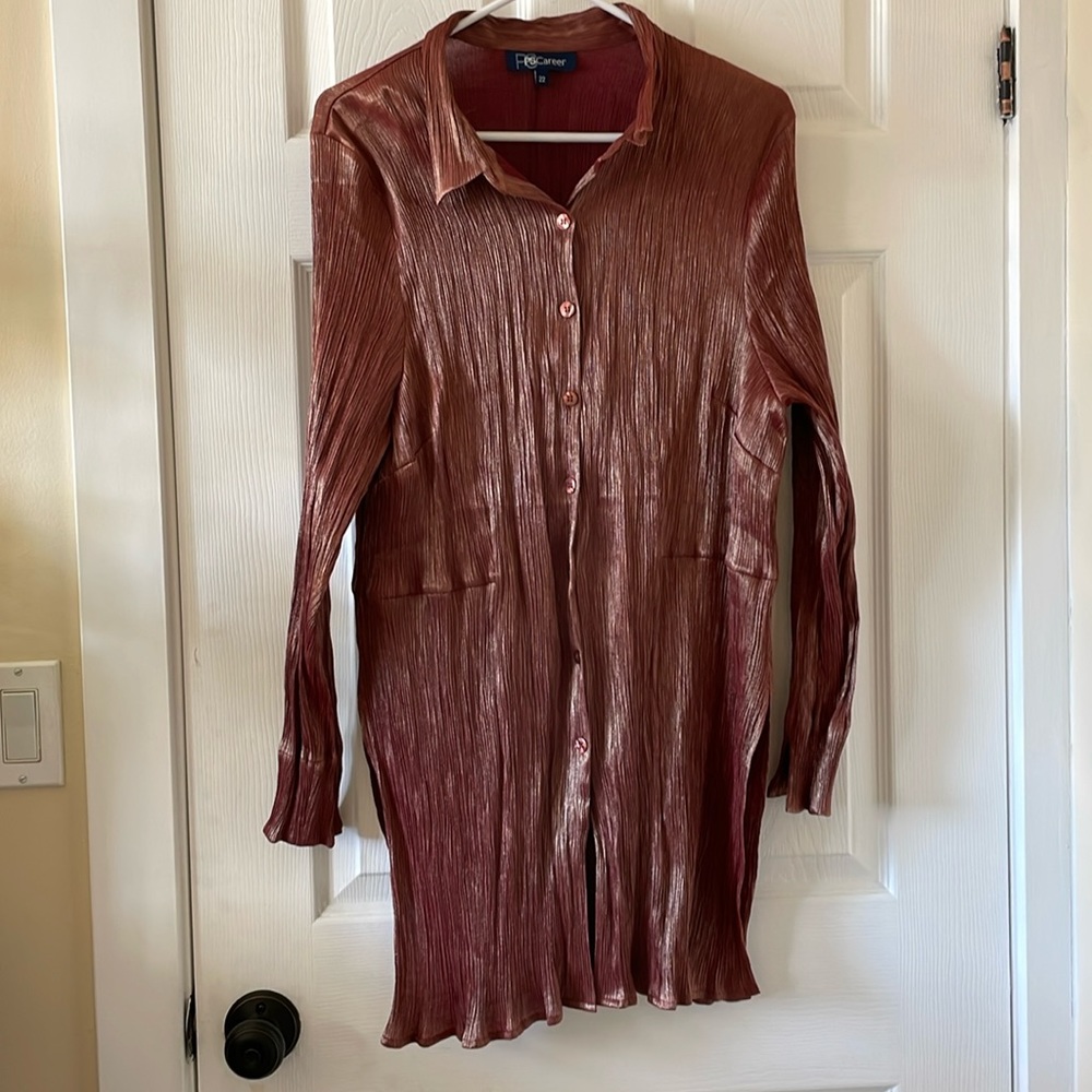 1990s shiny two toned button up shirt tunic top